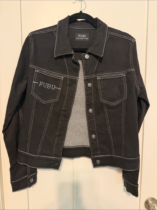 FUBU Jackets & Blazers - FUBU Vintage Y2K Bling Black Denim Streetwear Jacket with White Stitching Size M